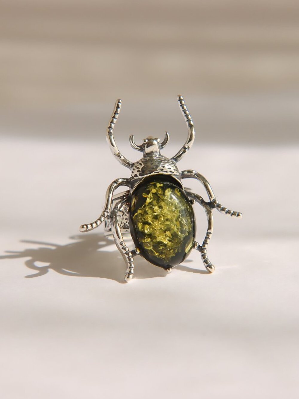 Baltic Green Amber Beetle Ring in Sterling Silver